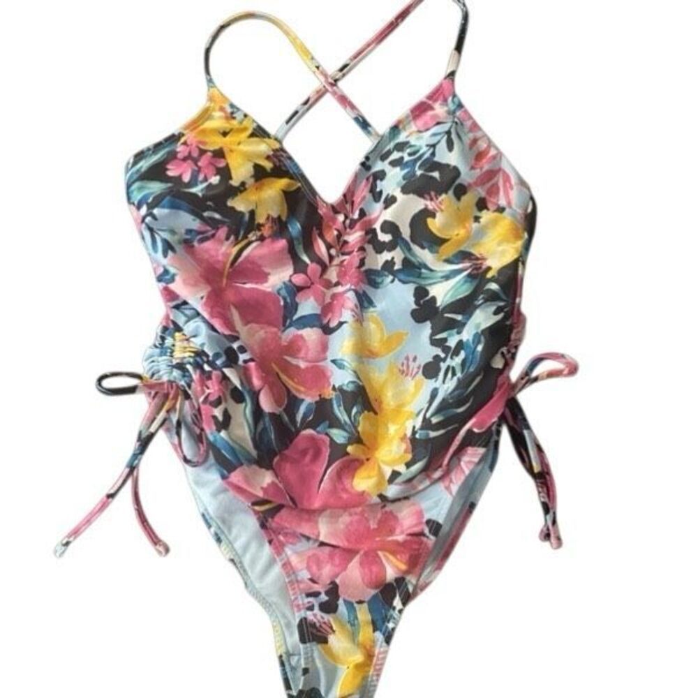 BCBG Paris Large one piece high waisted floral rouged sides strapy back